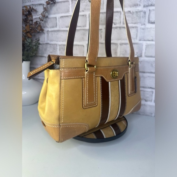 Coach 11609 Hampton Beige Brown Embossed Signature Stripe Leather Satchel - Picture 10 of 12
